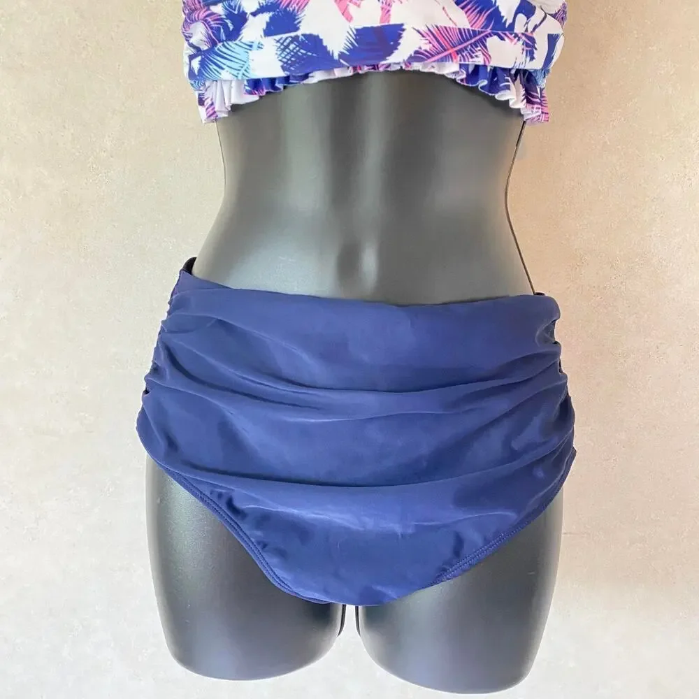 Palm‎ Tree Print Bralette Swim Top High Waisted Swimsuit, White Blue, Small